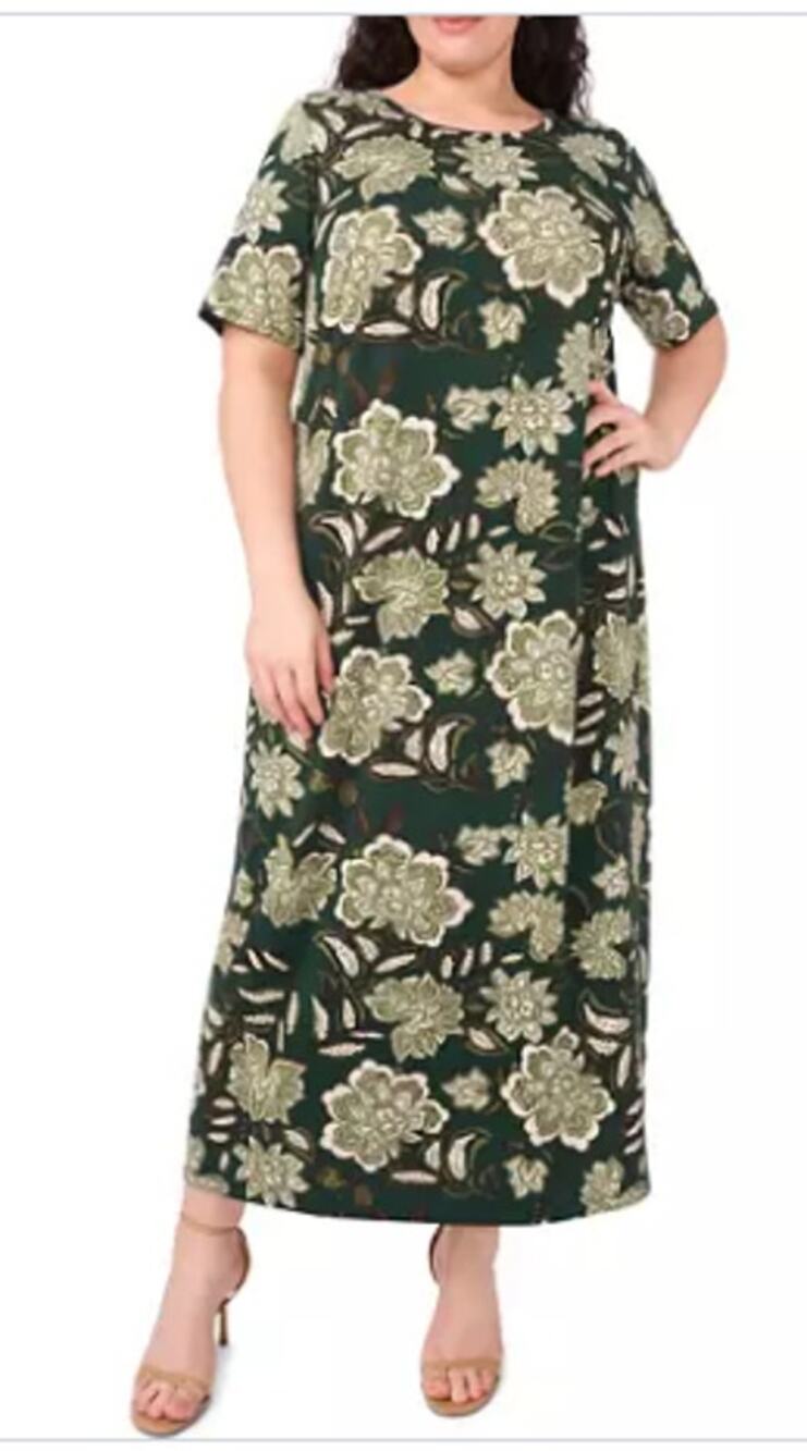 Vince Camuto Plus Size 2X Green Floral Short Sleeve Stretch Modest Maxi Dress